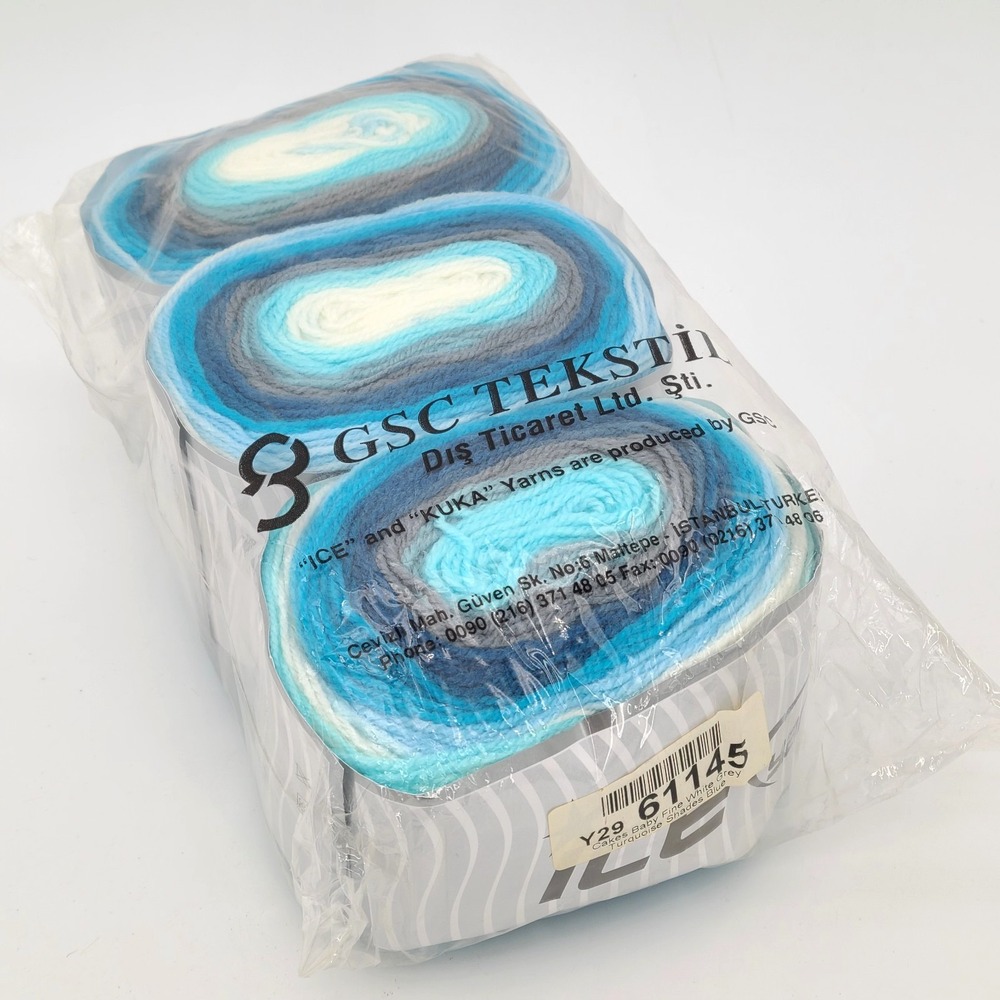 Lot 3 Ice Yarns Cakes Baby Fine 100g 360m Stripe Blue Grey White Turquoise Cool